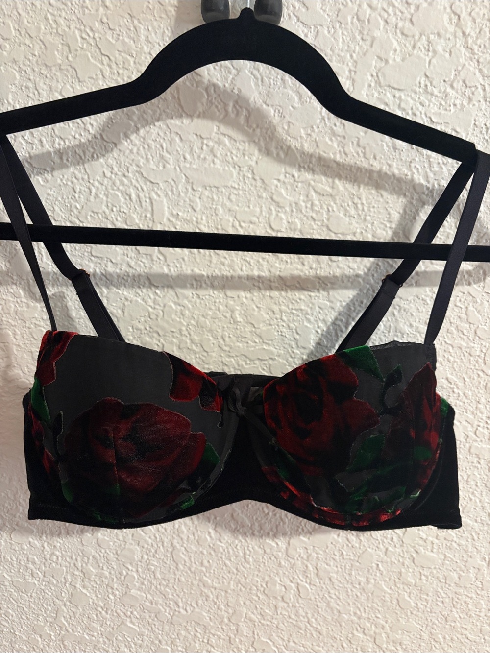 Black Floral Balconette Bra with Red Roses